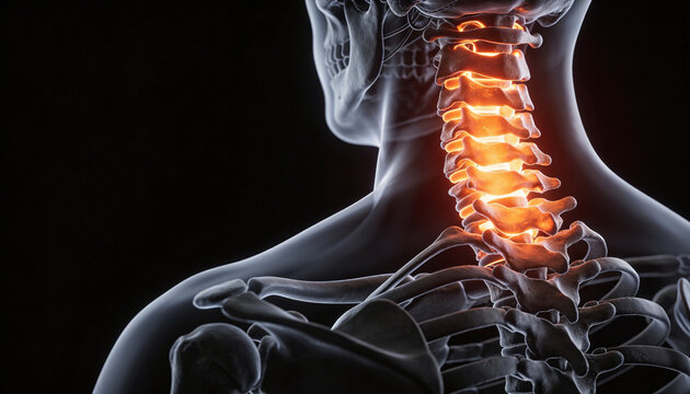 3D render of human skeleton with highlighted painful neck vertebrae on dark