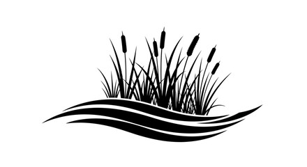 Fototapeta premium Black silhouette of cattails and wavy grass on white background.