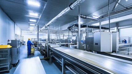 Obraz premium Modern food processing facility with automated conveyor system in use during daytime operations