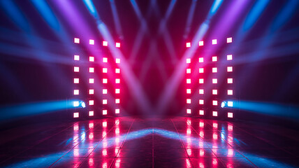 Stage lighting with red and blue beams and illuminated panels concert event