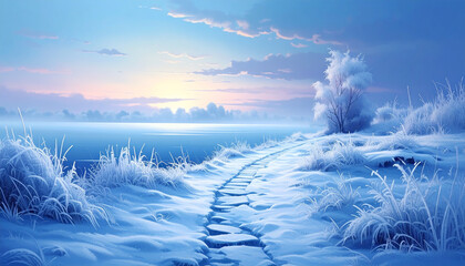 Stone path through snowy landscape beside frozen water at sunrise Keywords: winter, snow, frost