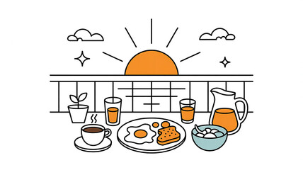 Sunrise breakfast on a balcony with coffee juice and fried eggs morning food