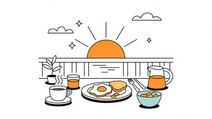 Sunrise breakfast on a balcony with coffee, eggs, toast, juice and fruit image photo
