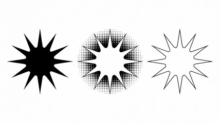 Three starburst shapes in black, halftone, and outline styles explosion comic