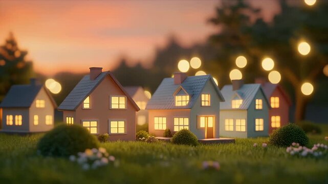Miniature houses in colorful row on green grass