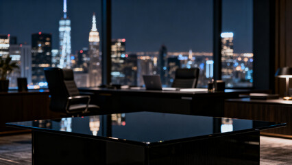 Modern luxury executive office interior at night, offering breathtaking city views and corporate ambition