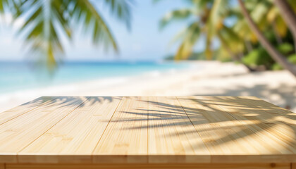 Empty wooden table on blurred tropical beach background with palm tree shadows, perfect for summer product display