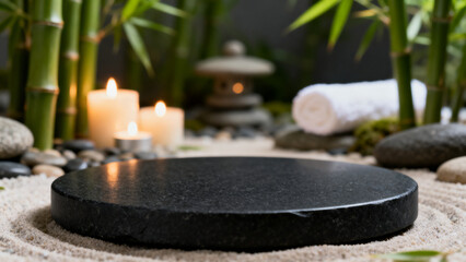 Serene Zen Garden Sanctuary with a Circular Stone Platform and Ambient Candlelight