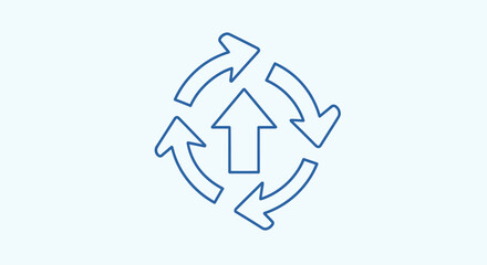 Fototapeta premium A blue outline icon depicting a central upward arrow surrounded by four circular arrows, symbolizing update, refresh, or continuous process.