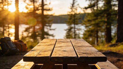 Rustic wooden picnic table at sunset with a lake and trees in the background
