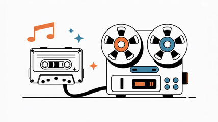Vintage Cassette Tape Linked To Reel To Reel Player With Music Notes And Sparkles