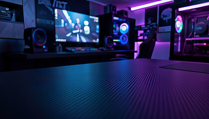 Modern Digital Realm A High-Performance Gaming Desk Setup Illuminated by Vibrant Purple and Blue Lights