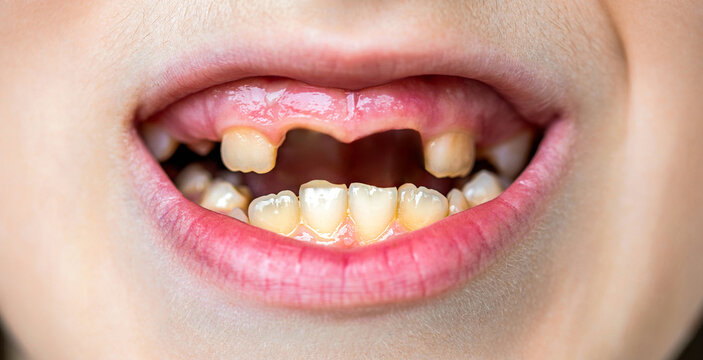 Missing teeth. Kid patient open mouth showing cavities teeth decay. Concepts about oral health. Closeup. Child missing her teeth. Bad teeth child. Portrait boy with bad teeth