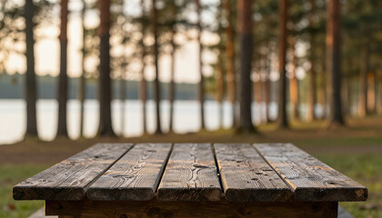 Wooden picnic table in a tranquil forest by a calm lake at sunset, perfect for outdoor dining