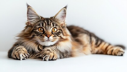 Fototapeta premium Majestic Maine Coon Cat with Captivating Yellow Eyes and Gentle Expression on White Background
