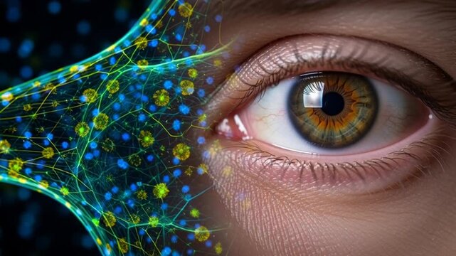 A video showcasing a futuristic human eye with a network of colorful nodes and connections in the background.