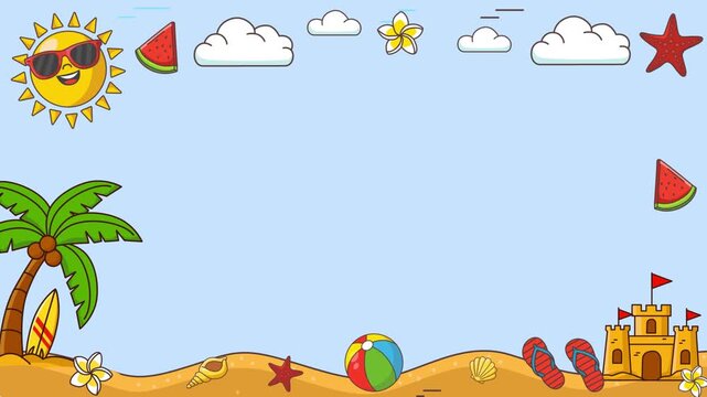 Vibrant cartoon beach border with sun, palm trees, and summer accessories.