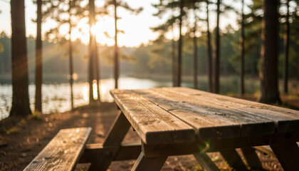 Rustic wooden picnic table in sun-dappled forest by tranquil lake, serene outdoor setting