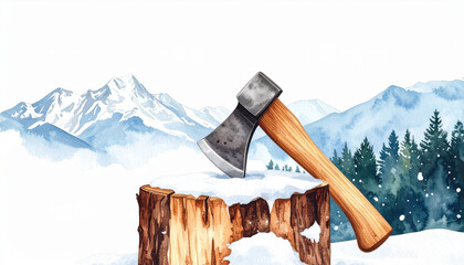Watercolor painting of an axe in a snow covered stump with mountains image photo