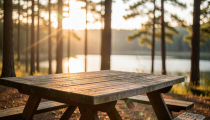 Peaceful rustic wooden picnic table bathed in the warm glow of golden sunlight by a tranquil lake and forest