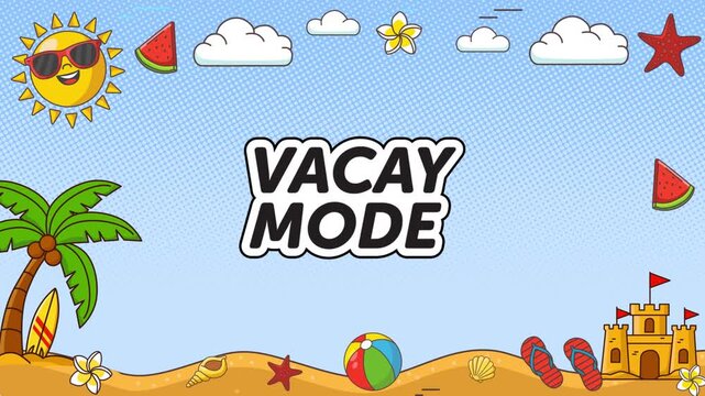vector Retro pop-art style beach frame with halftone dots and Vacay Mode text.