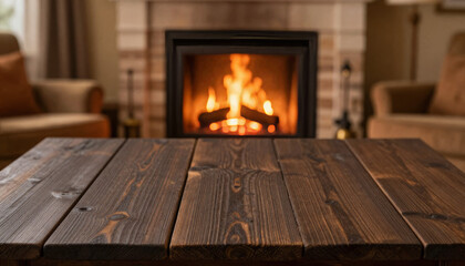 Cozy Rustic Wooden Table Foreground with Warm Blurry Fireplace and Living Room Interior for Product Showcase