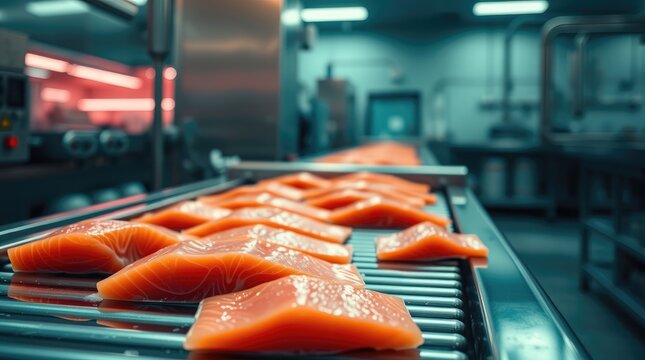 Industrial production scene with salmon fillets on a moving belt. Mass processing, quality standards, reliability, and food industry innovation.
