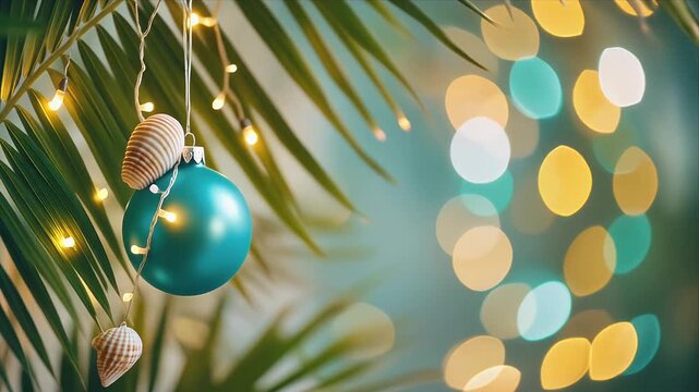 Vibrant Christmas ornament hanging from palm tree with warm string lights