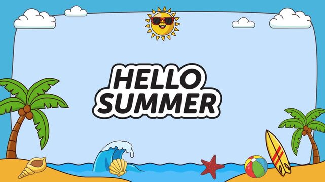 vector Animated coastal frame featuring moving waves, surfboard, and Hello Summer.