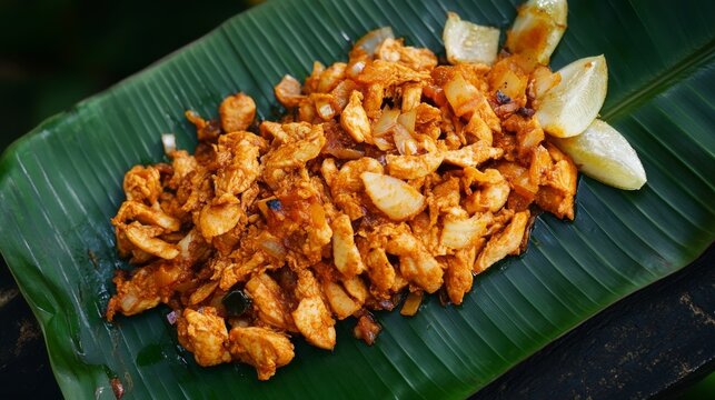 Spicy Sri Lankan chicken kottu roti served on banana leaf at a street food stall in Colombo