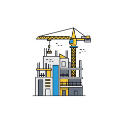 Modern building under construction with yellow tower crane