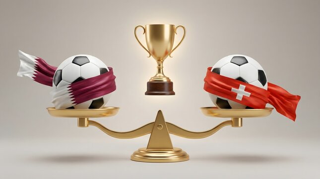 Golden scales balancing two footballs with national flag ribbons of Katar vs Switzerland. A golden trophy floats above center. Concept of fair competition, rivalry, and championship.