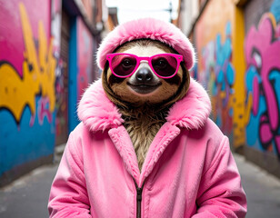 Obraz premium Faultier mit rosa Pelzmantel, Fellmütze und Sonnenbrille.