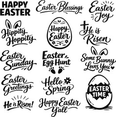Fototapeta premium Easter typography set with bunny ears and egg on white background for holiday greeting cards