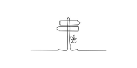 A simple continuous line art drawing of a signpost with two directional arrows on a white background © Line Art