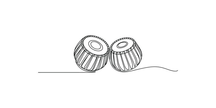 A simple black and white line art illustration of a pair of tabla drums used in classical indian music