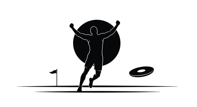 A black and white silhouette of an ultimate frisbee player celebrating a score with arms raised in victory in front of a large circle.