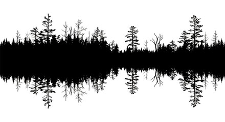 Serene forest landscape with trees reflected in calm water.