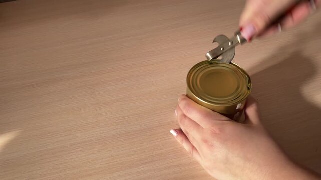 Opening metal tin can with manual opener close up rotating blade cutting lid food preparation kitchen tool household routine cooking process