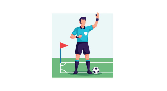 A soccer referee in a bright uniform stands on the corner of the field with a ball, blowing his whistle and signaling with his hand.