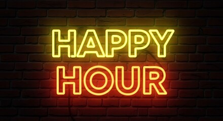 Fototapeta premium Happy hour neon sign on brick wall creating vibrant atmosphere in bar or restaurant
