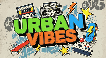 Obraz premium Urban Vibes graphic with retro cassette tape, boombox, joystick, and skateboards, set against a graffiti-style background.