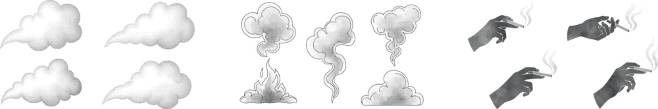 Smoke and hands with cigarettes line art icon collection. Includes various smoke puffs, clouds, and hands holding lit cigarettes. Created in black and white line art style with a monochrome