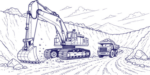 Mining Site Heavy Industry Vector Line Drawing with Excavator and Dump Truck, Open Pit Mining Operation Illustration, Industrial Construction Machinery Outline Art for Engineering, Infrastructure, Ene © sreetamo