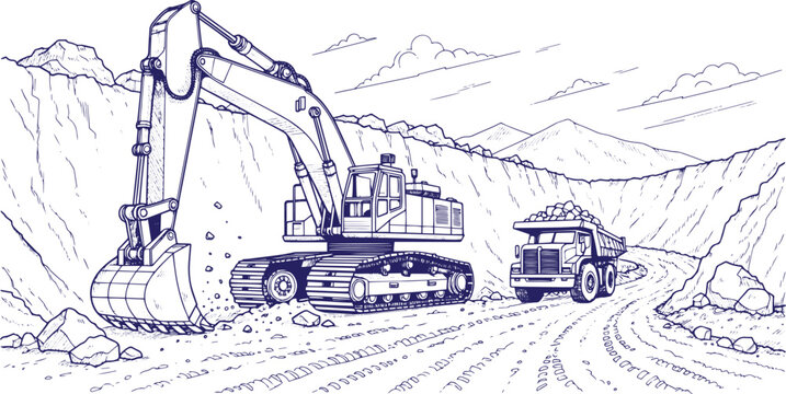Mining Site Heavy Industry Vector Line Drawing with Excavator and Dump Truck, Open Pit Mining Operation Illustration, Industrial Construction Machinery Outline Art for Engineering, Infrastructure, Ene