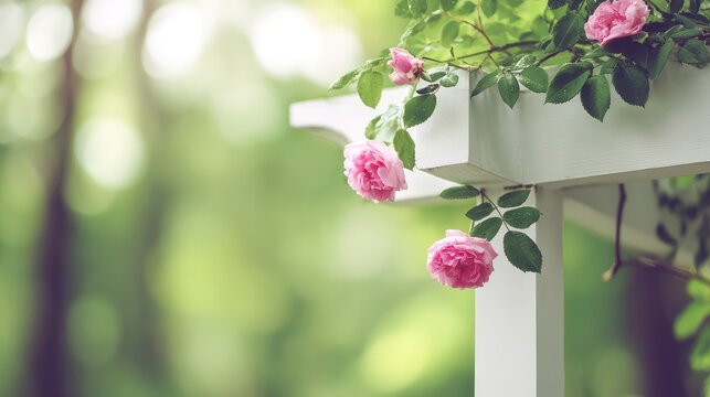 a dreamy garden with pink roses climbing on a white trellis, captured in the soft light of late afternoon, creating an atmosphere reminiscent of vintage photography.