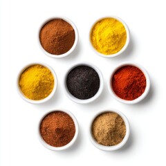 Vibrant Display of Various Spices and Seasonings in Small Bowls on a White Background