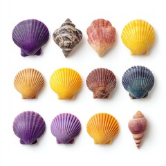 Colorful Sea Shells Collection on a White Background Displaying Various Shapes and Patterns for Coastal Decor