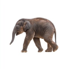 Adorable Young Elephant Walking Gracefully on White Background with Soft Fur and Gentle Expression