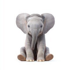 Adorable Baby Elephant Sitting on White Background, Cute Expression, Playful Animal, Wildlife Photography
